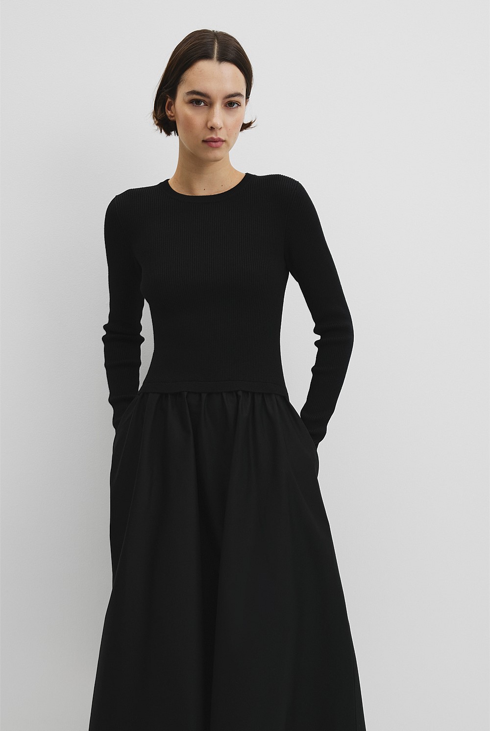 Long Sleeve Mix Media Knit Dress