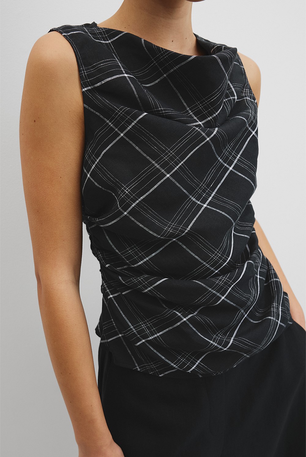 Organically Grown Linen Check Ruched Linen Tank