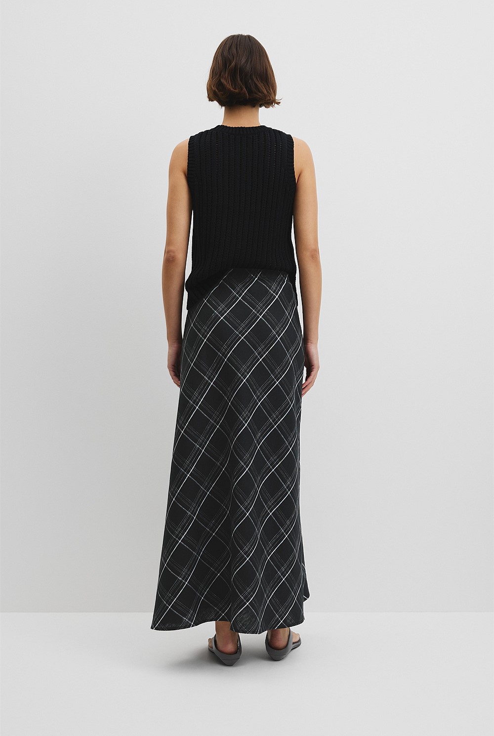Organically Grown Linen Check Pull-On Midi Skirt