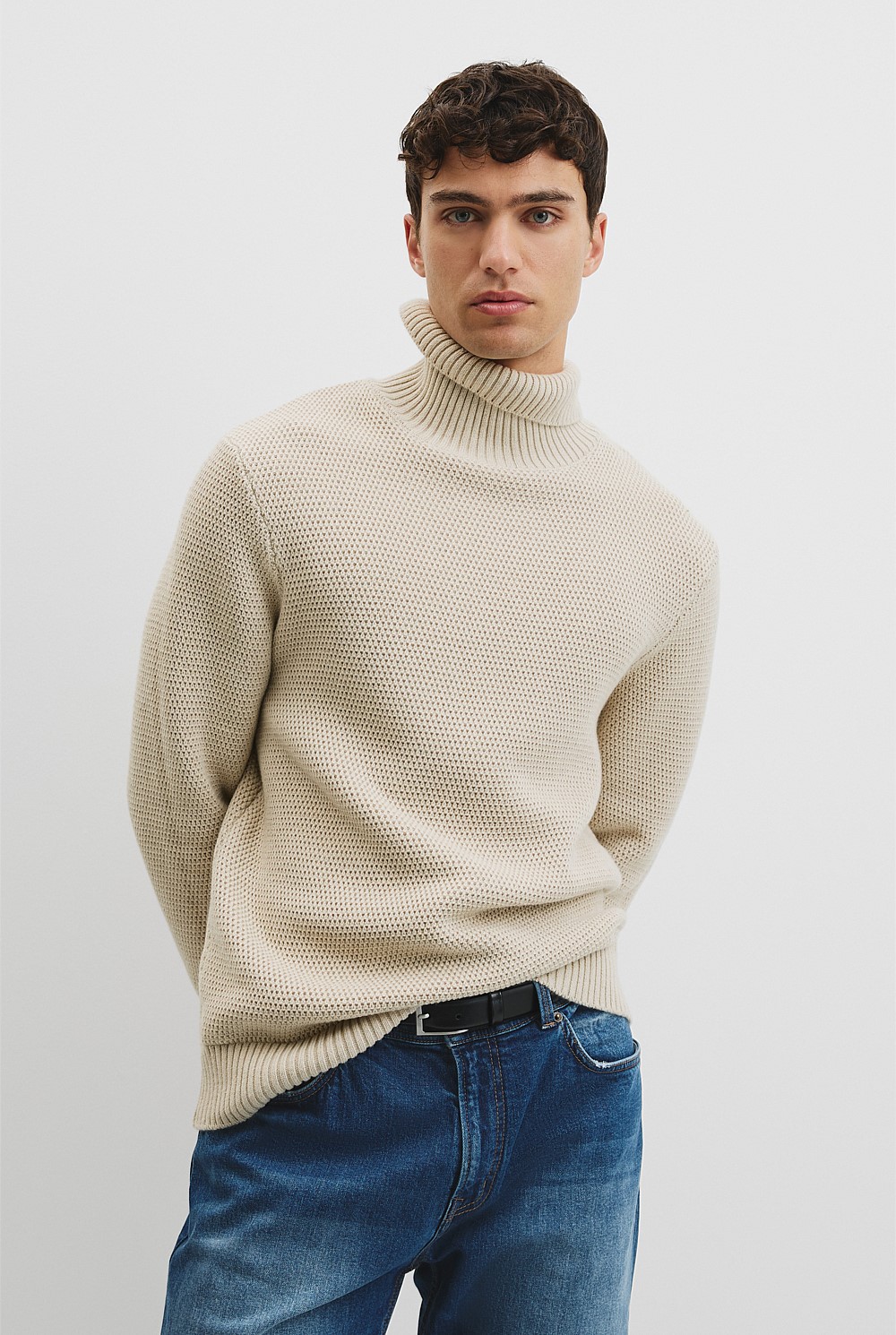 Australian Good Earth Cotton Wool Blend Textured Roll Neck Knit