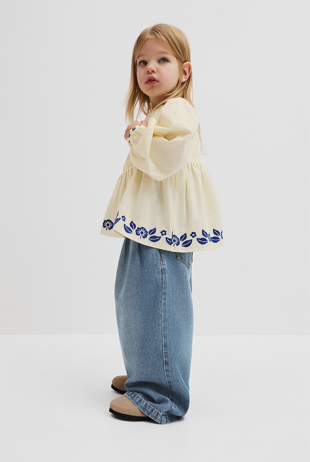 Long Sleeve Embroidered Shirred Blouse