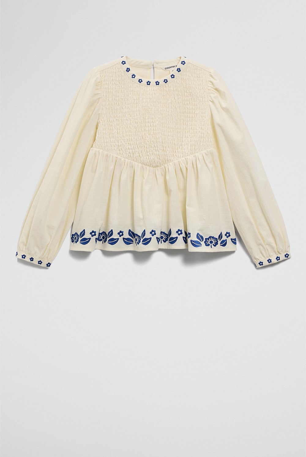 Long Sleeve Embroidered Shirred Blouse