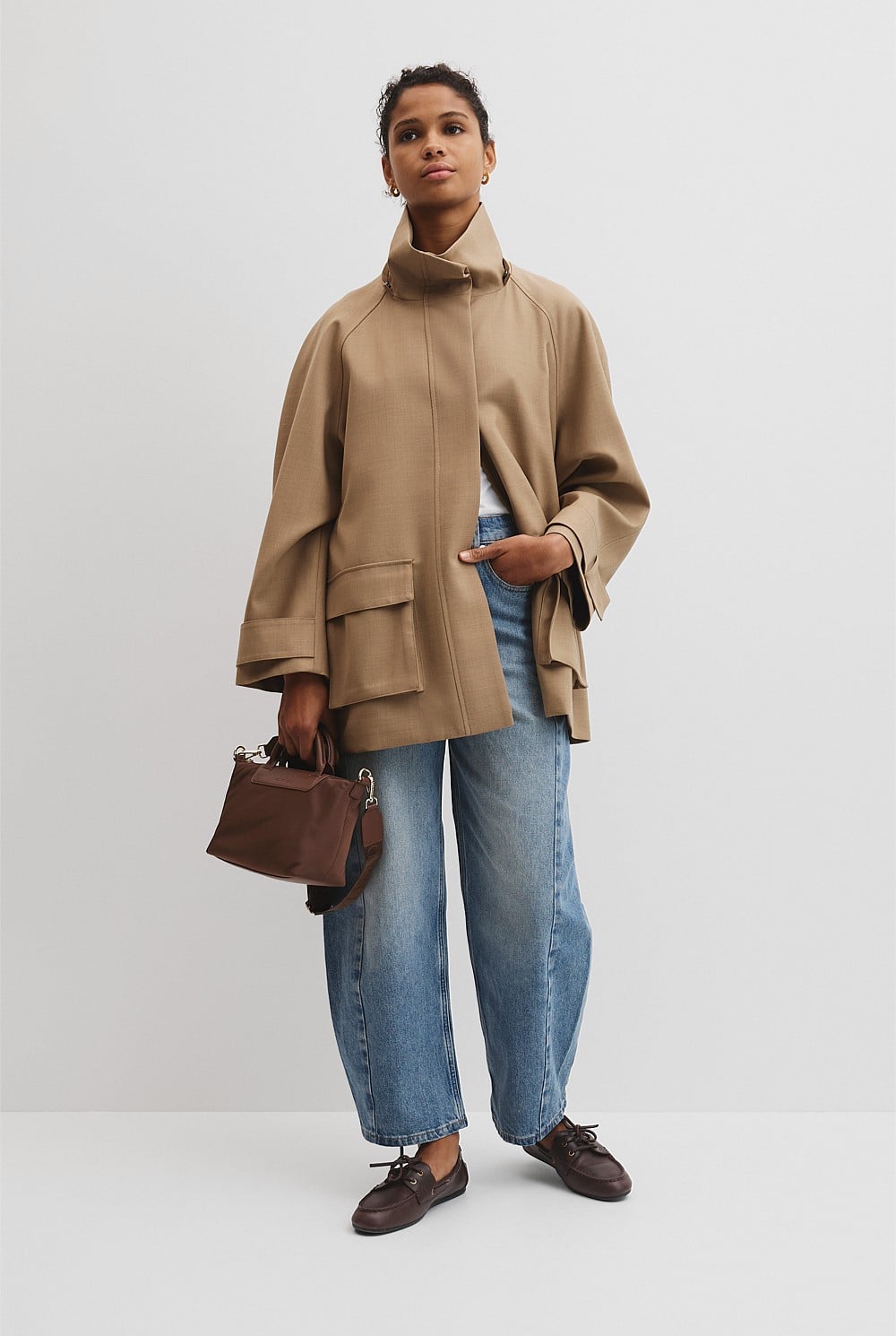 Wool Blend Tailored Funnel Coat