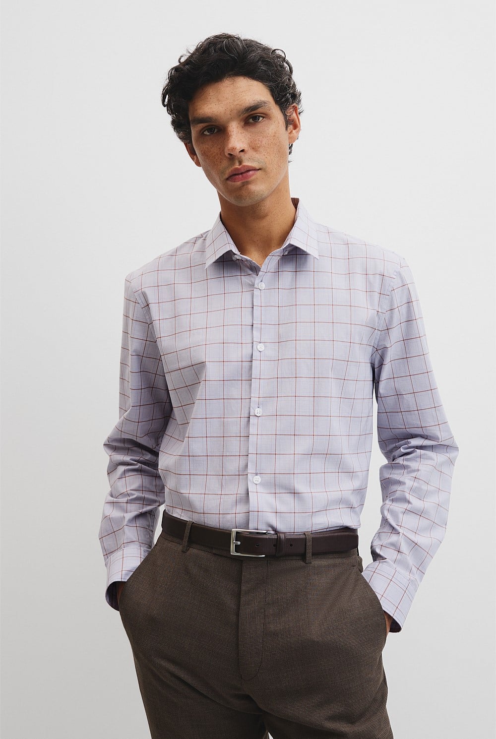 Long Sleeve Slim Curved Sleeve Check Shirt