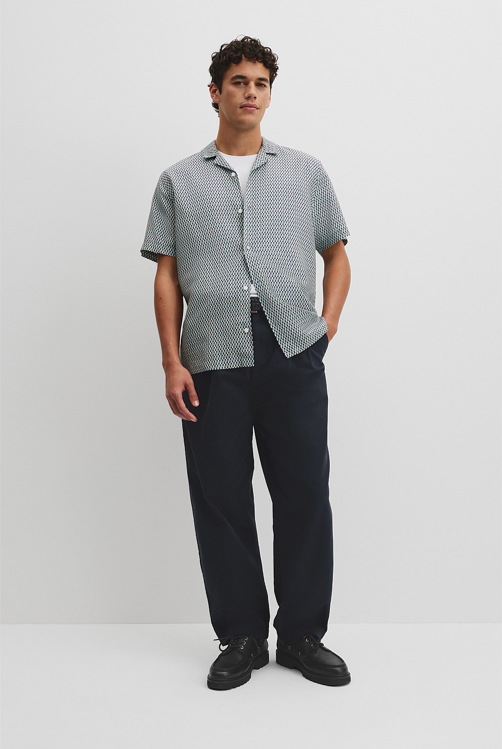 Short Sleeve Tencel Linen Geometric Print Shirt