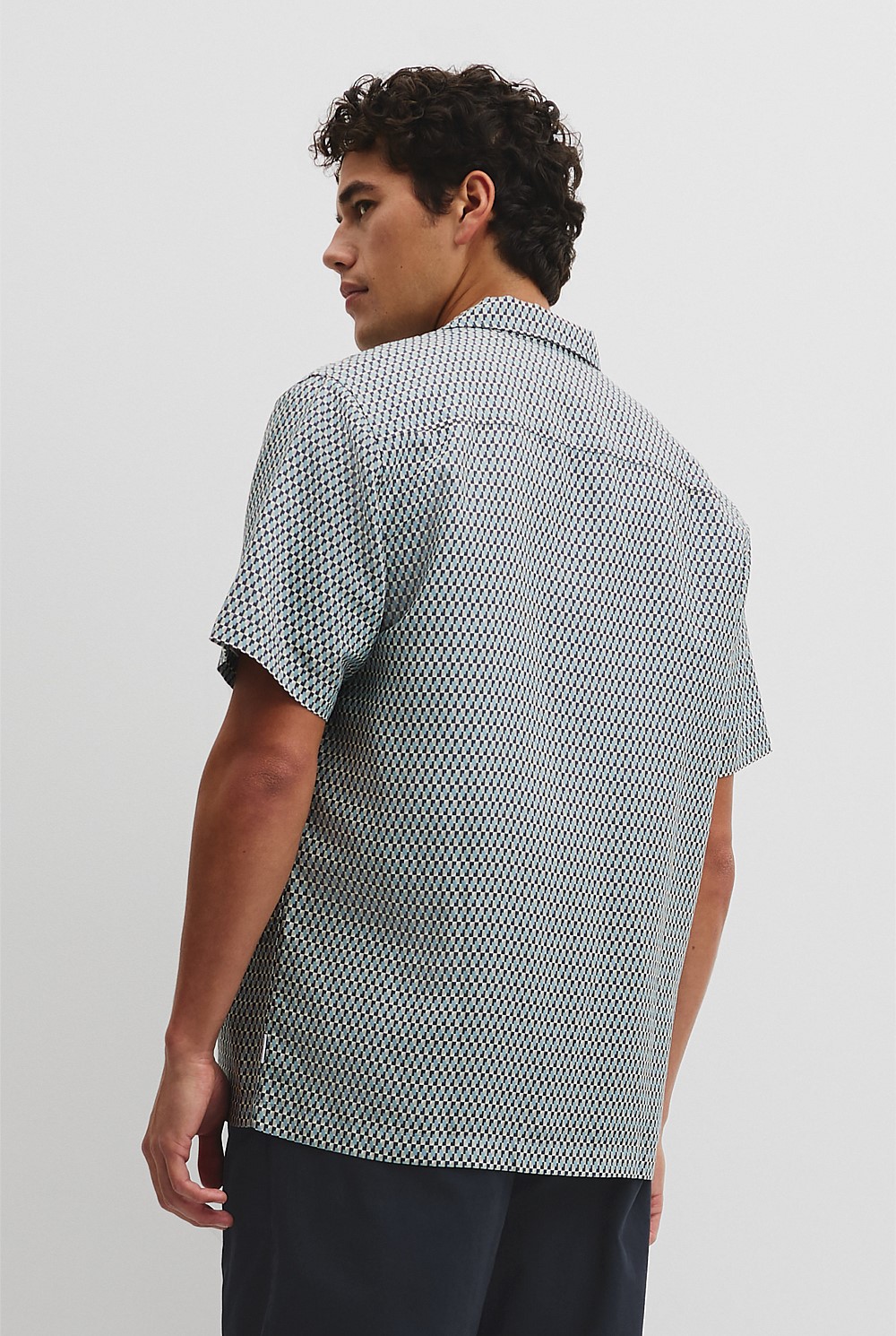Short Sleeve Tencel Linen Geometric Print Shirt