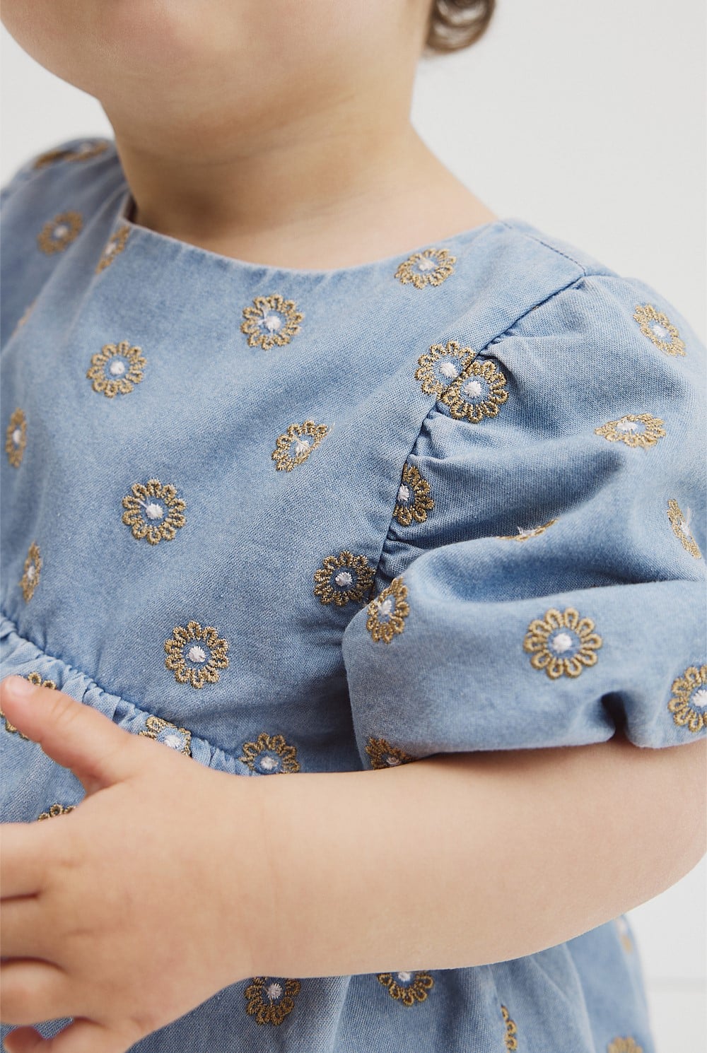 Short Sleeve Chambray Embroidered Romper