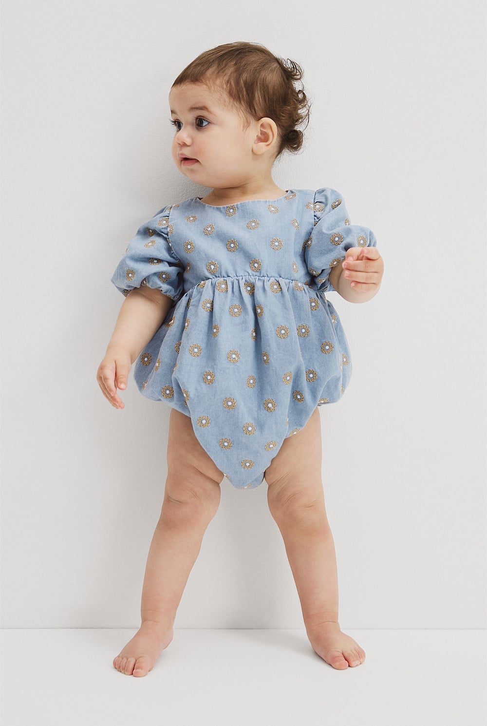 Short Sleeve Chambray Embroidered Romper