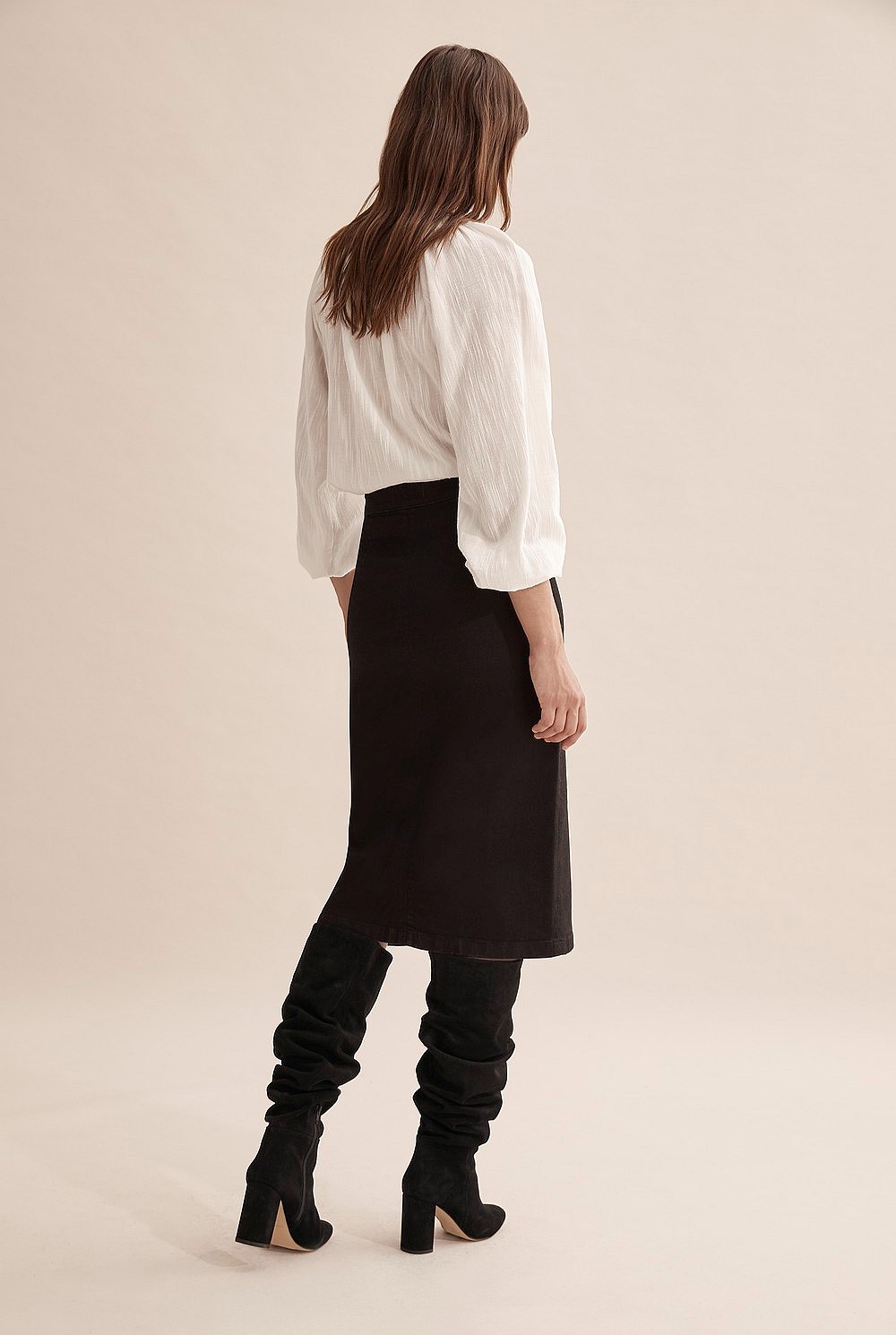 Button Midi Denim Skirt