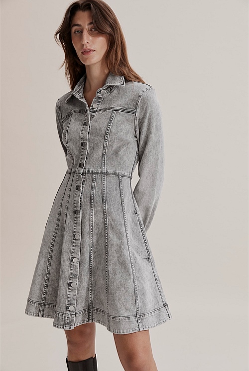 Grey Panelled Australian Cotton Denim Dress - Dresses | Country Road