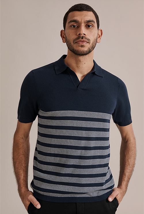 Navy Trophy Stripe Knit Polo - Polos | Country Road