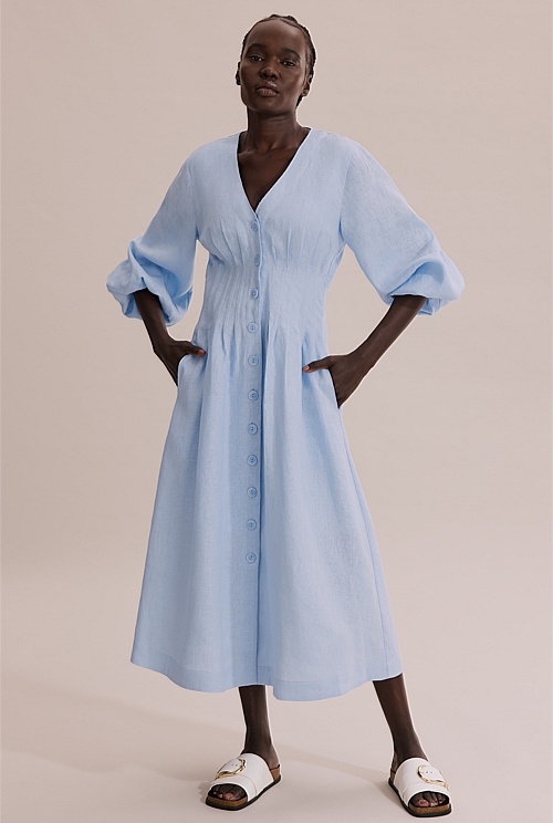 Pale Blue Organically Grown Linen Dart Front Midi Dress - Natural ...