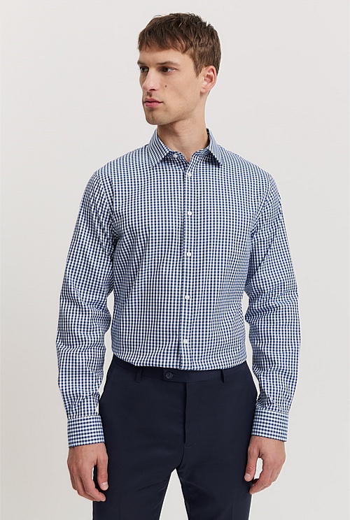 Navy Slim Fit Gingham Travel Shirt - Business Shirts | Country Road
