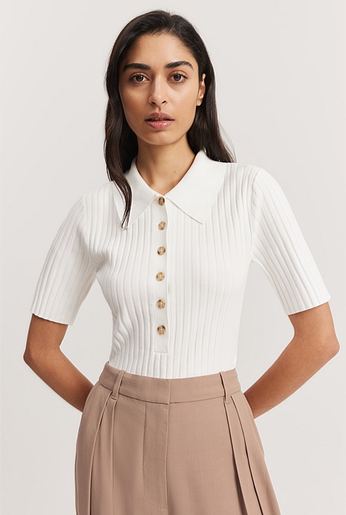 White Buttoned Polo Neck Knit main image 1