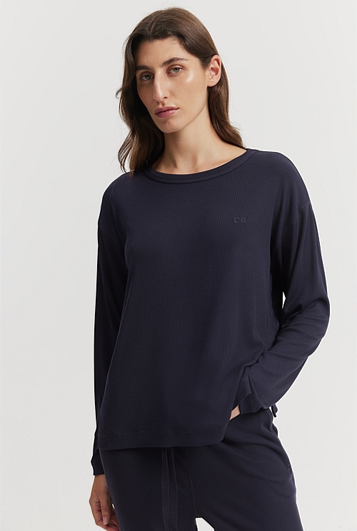 Navy Luxe Rib Pyjama Crew - Sleepwear | Country Road