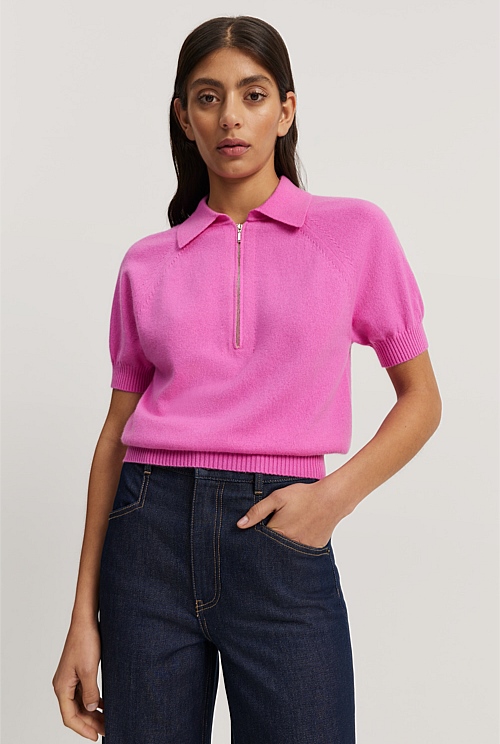 Floss Pink GCS-certified Cashmere Blend Zip-Through Knit Polo ...