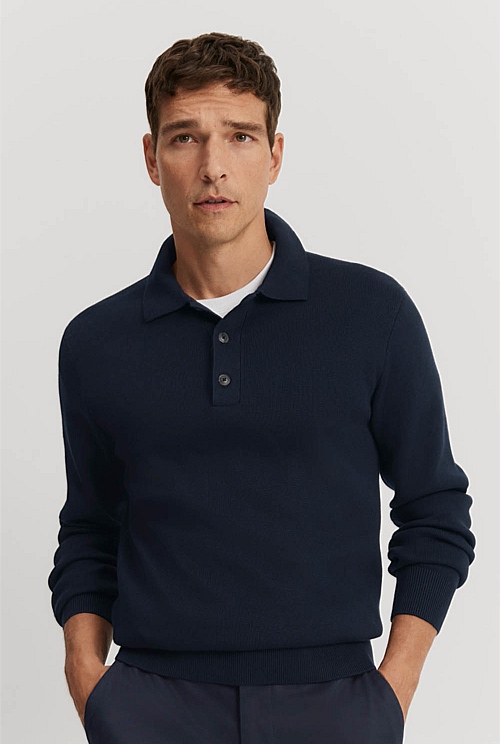 Navy Australian Cotton Knit Polo - Natural Fibres | Country Road