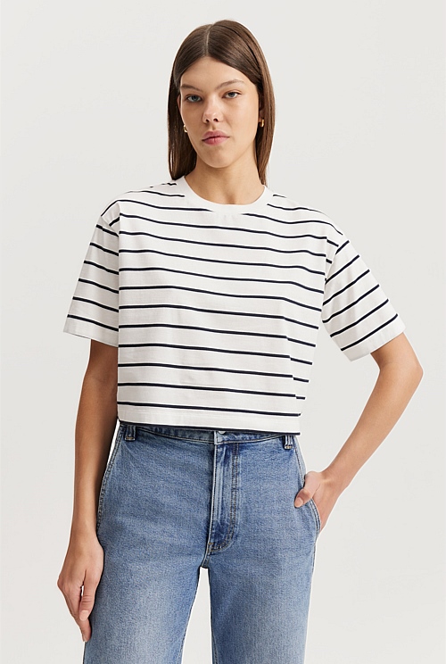 Navy Stripe Australian Cotton Crop Stripe T-Shirt - T-Shirts & Tops ...