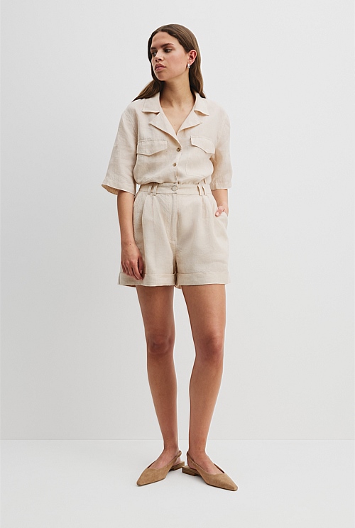 Sand Organically Grown Linen Tuck Front Short - Organically Grown or ...