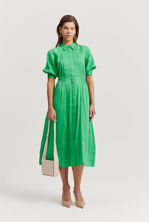 Jewel Green Organically Grown Linen Blend Fluid Cinched Shirt Dress ...