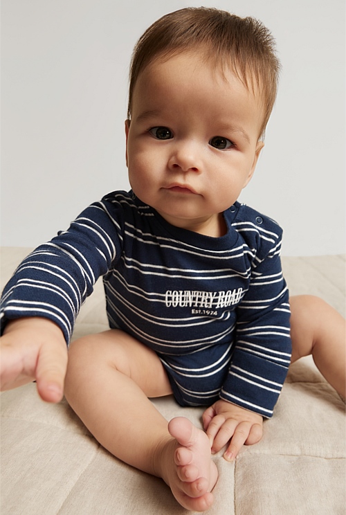Navy Stripe Organically Grown Cotton Heritage Long Sleeve Bodysuit Jumpsuits & Bodysuits