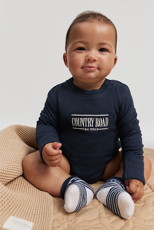 Navy Organically Grown Cotton Heritage Long Sleeve Bodysuit Jumpsuits & Bodysuits Country Road