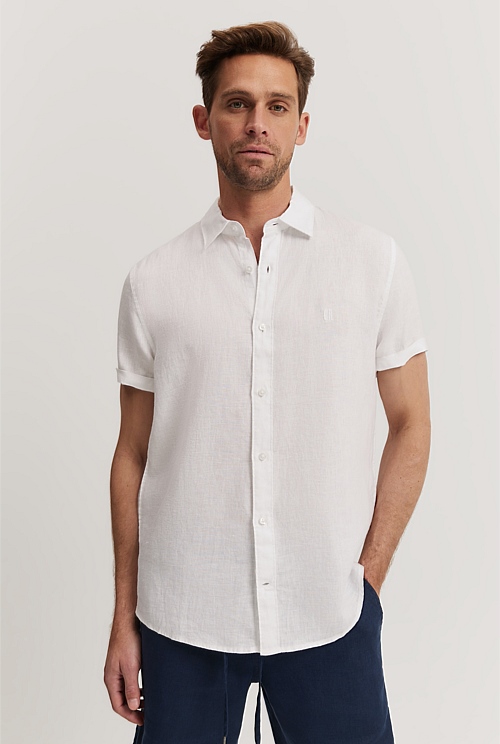 White Regular Fit Organically Grown Linen Short Sleeve Shirt - Casual ...