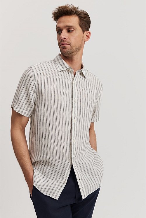 Navy Regular Fit Organically Grown Linen Stripe Short Sleeve Shirt ...