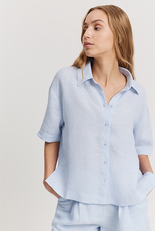 Chambray Blue Organically Grown Linen Short Sleeve Shirt - Shirts ...
