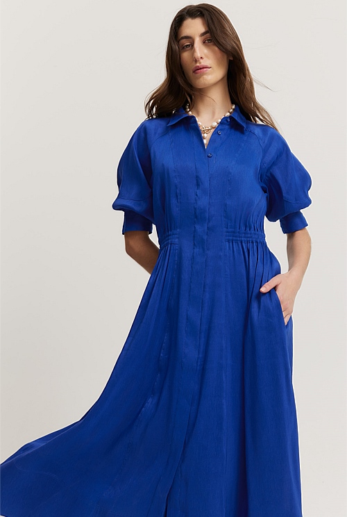 Sapphire Organically Grown Linen Blend Fluid Cinched Shirt Dress ...