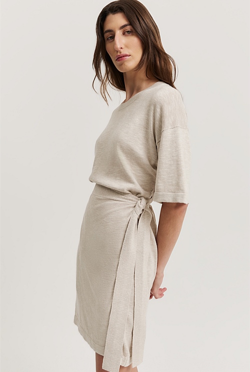 Oatmeal Marle Organically Grown Cotton Linen Wrap Dress Dresses