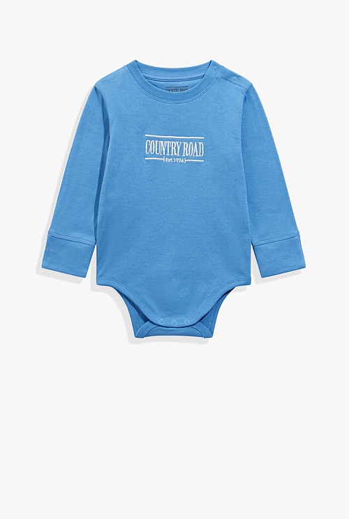 Sky Blue Organically Grown Cotton Heritage Long Sleeve Bodysuit Jumpsuits & Bodysuits