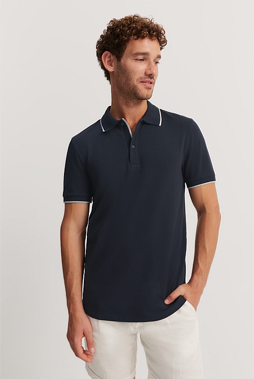 Navy Slim Fit Stretch Pique Polo - T-Shirts | Country Road