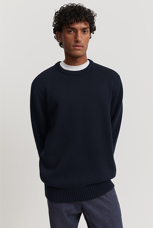 Navy Australian Cotton Crew Knit - Knitwear | Country Road