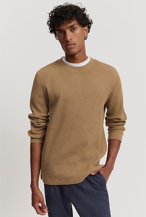 Walnut Marle Australian Cotton Waffle Long Sleeve Crew Neck - T-Shirts ...