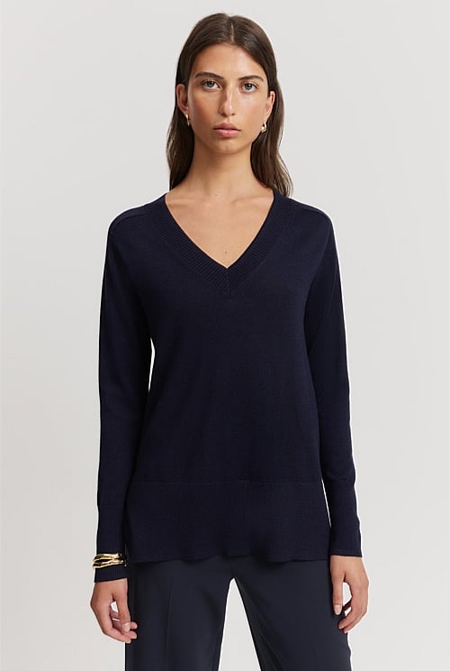 Navy Marle Verified Australian Merino Wool V-Neck Knit - Knitwear ...