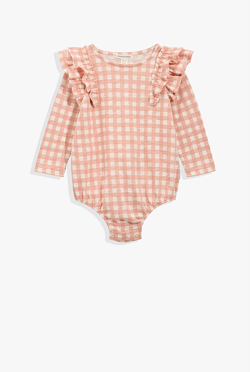 Pink Gingham Organically Grown Cotton Gingham Long Sleeve Bodysuit ...