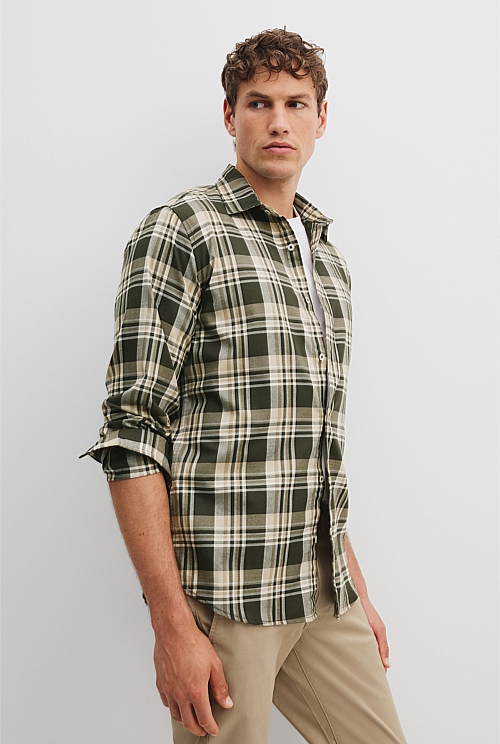 Khaki Green Regular Fit Australian Good Earth Cotton Flannel Check ...