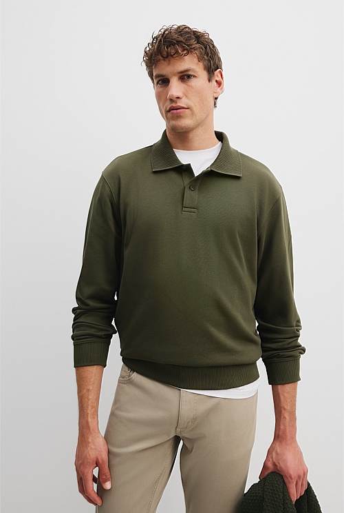 Khaki Green Australian Cotton Polo Sweat - Natural Fibres | Country Road