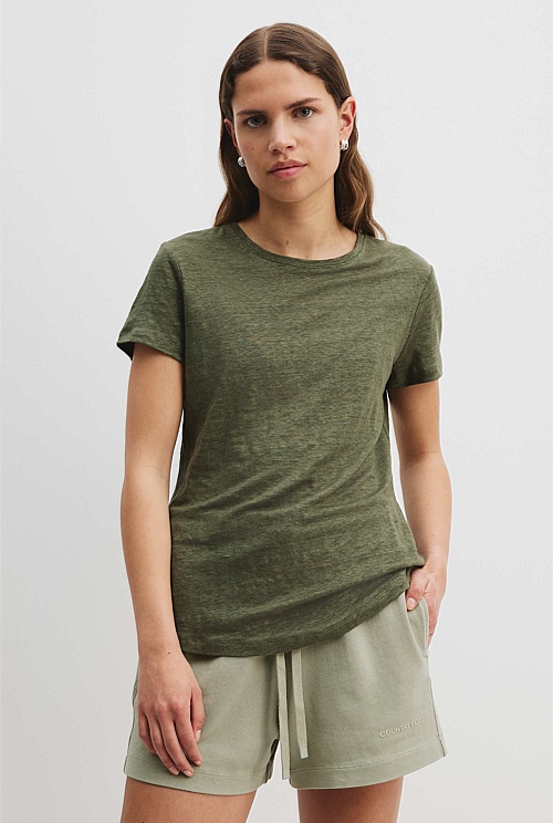 Dark Moss Linen Jersey T-Shirt - Natural Fibres | Country Road