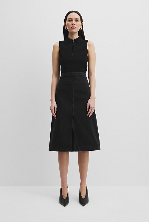 Black Denim Split Front Skirt - Natural Fibres | Country Road