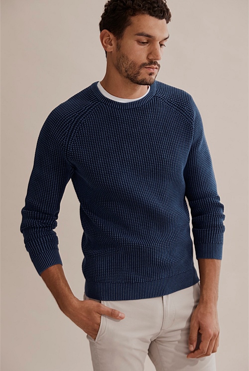 Indigo Waffle Knit Crew - Knitwear | Country Road