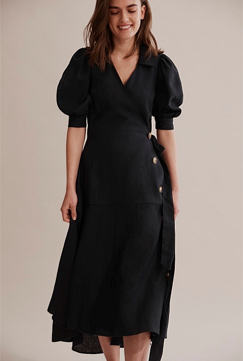 Black Wrap Linen Dress - Dresses | Country Road