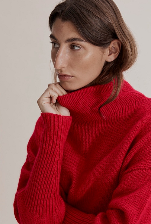 Lipstick Red Funnel Neck Knit - Knitwear | Country Road