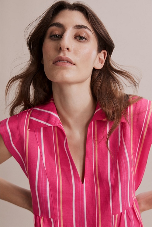 Magenta Stripe Tiered Stripe Popover - Natural Fibres | Country Road