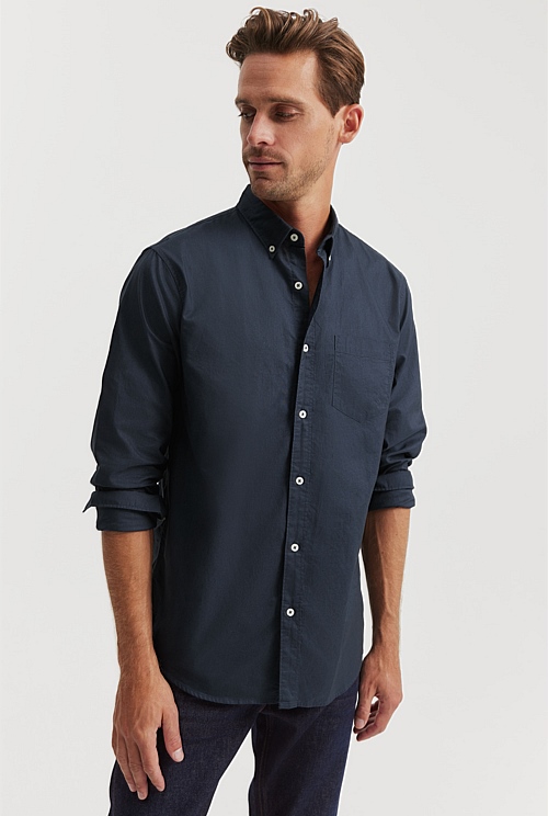 Navy Regular Fit Washed Oxford Shirt - Casual Shirts | Country Road