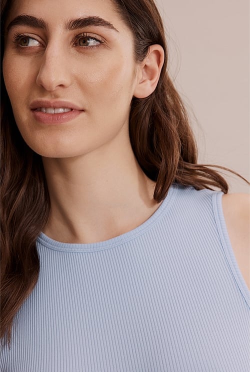 Pale Blue High Neck Rib Tank - T-Shirts & Tops | Country Road