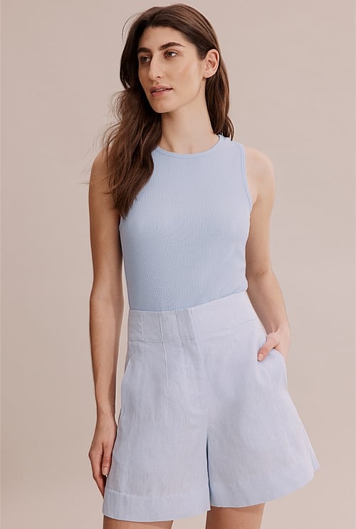 Pale Blue High Neck Rib Tank - T-Shirts & Tops | Country Road