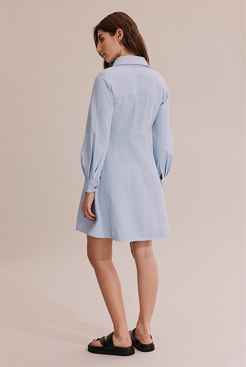 Pale Blue Australian Cotton Denim Panelled Mini Dress Australian Grown Country Road