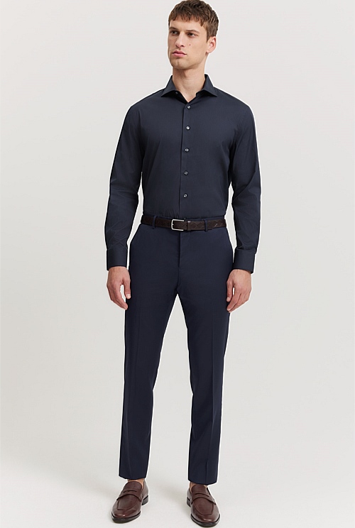 Navy Tailored Fit Super Fine Cotton Stretch Shirt - Business Shirts ...